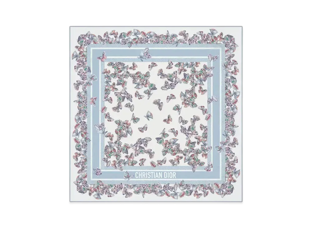 Dior Camo Papillon 90 Square Scarf Silk Twill "White/Sky Blue"