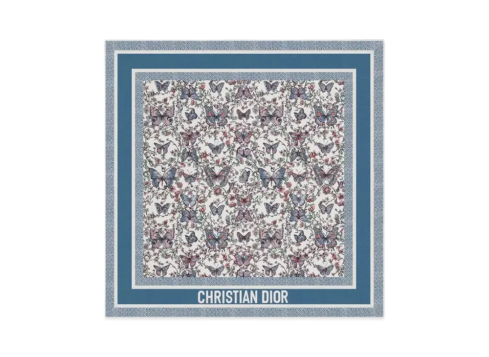 Dior Toile de Jouy Papillon 70 Square Scarf Silk Twill "White/Blue"