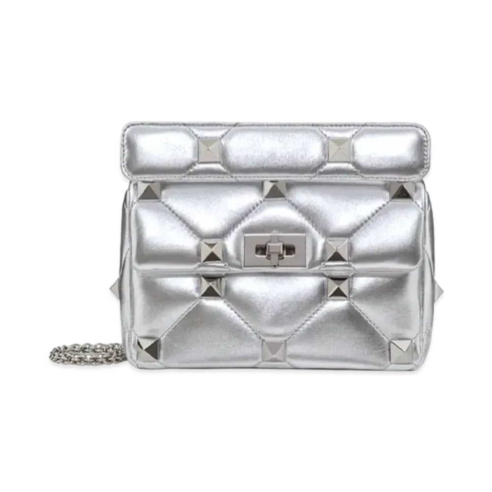 Valentino Roman Studs Metallic Nappa Leather Medium Chain Shoulder Bag "Silver"