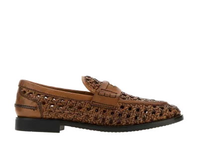 MIU MIU Women's Woven Leather Loafers "Cognac"