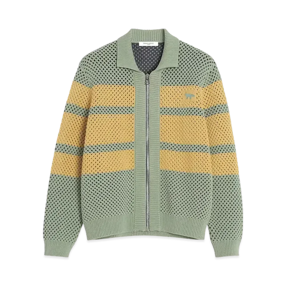 Maison Kitsune Stripe Mesh Knit Zip Blouson "Vert De Gris/Cork Stripes"