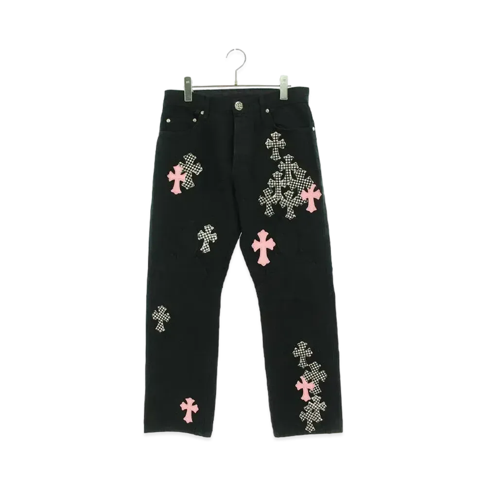 Chrome Hearts JEAN SL FLEURKNEE With Cross Patch Washed Frainy Stitch Denim Pants "Black/Pink/White"