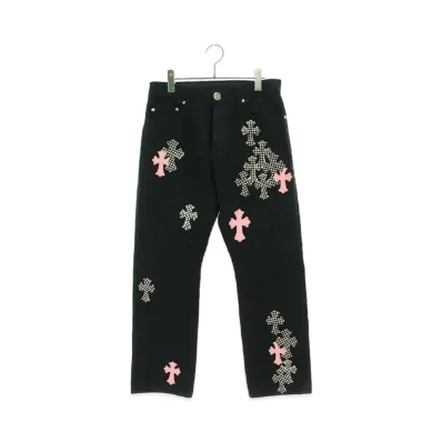 Chrome Hearts JEAN SL FLEURKNEE With Cross Patch Washed Frainy Stitch Denim Pants "Black/Pink/White"