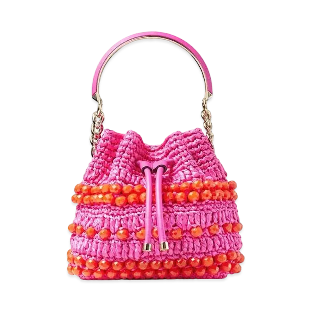 Jimmy Choo Bon Bon Bucket S Beaded Raffia and Smooth Leather Tote Bag "Fuchsia/Paprika/Light Gold"