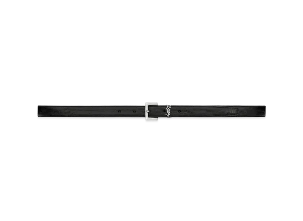 Saint Laurent Monogram Thin Belt With Square Buckle In Lizard-Embossed Leather "Black"
