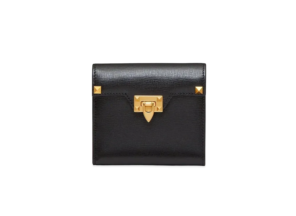 Valentino Rockstud Alcove Grainy Calfskin Compact Wallet "Black"