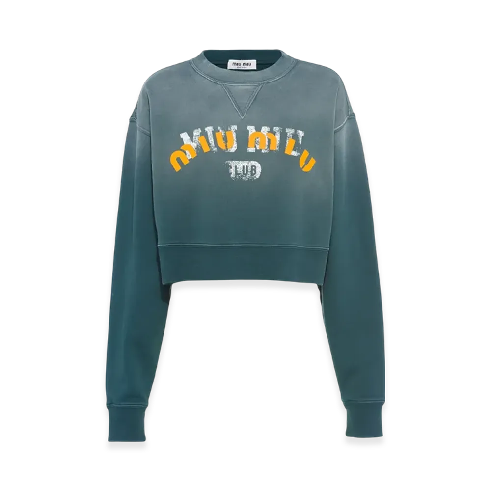 MIU MIU Women's Garment Dyed Cotton Fleece Sweatshirt "Forest Green"