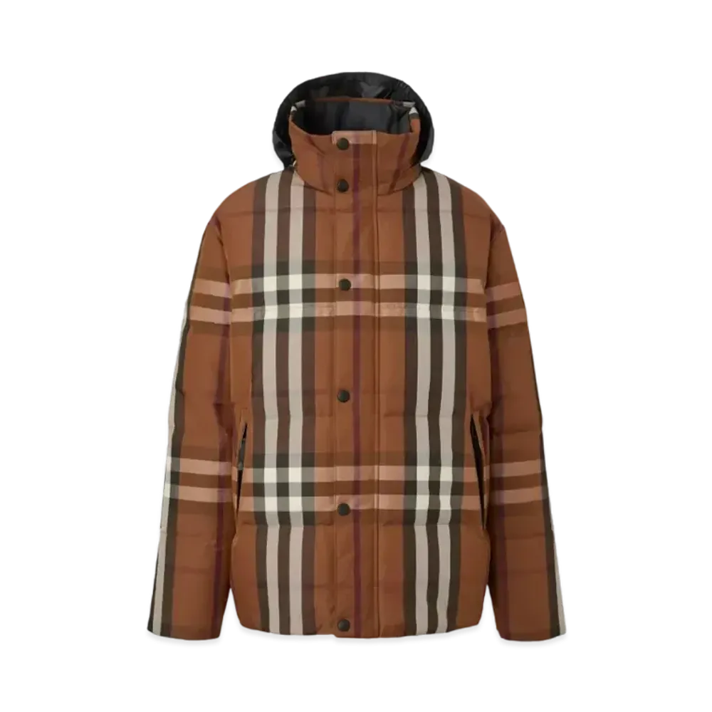Burberry Men's Packaway Hood Reversible Check Nylon Puffer Jacket "Dark Birch Brown"