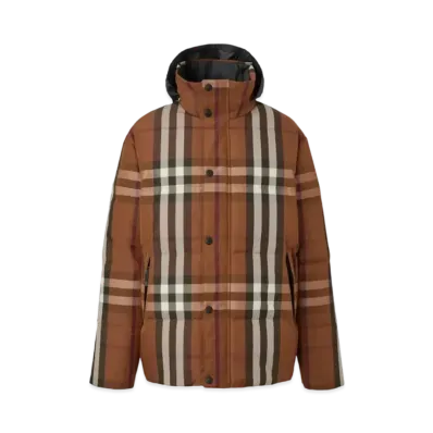 Burberry Men's Packaway Hood Reversible Check Nylon Puffer Jacket "Dark Birch Brown"