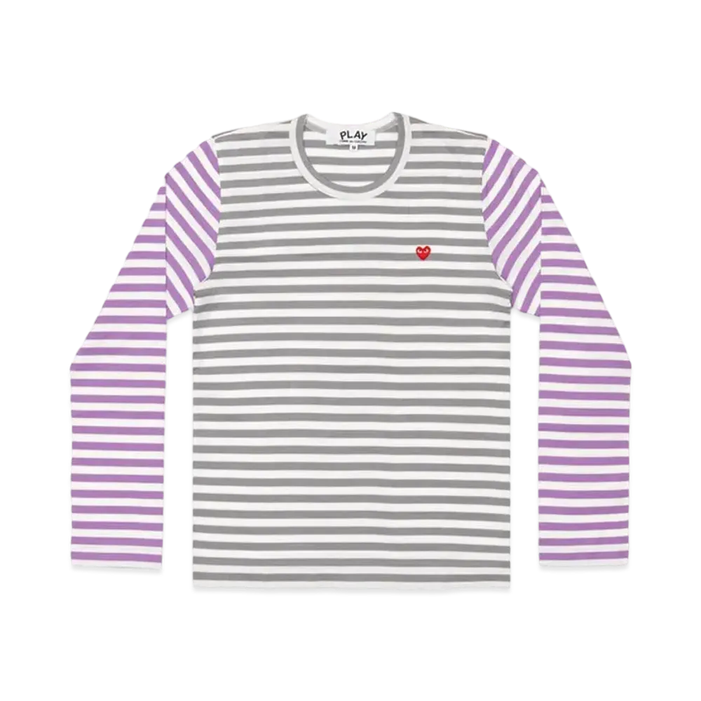 PLAY COMME des GARCONS Small Red Heart Striped L/S T-Shirt Mens "Gray/Purple"