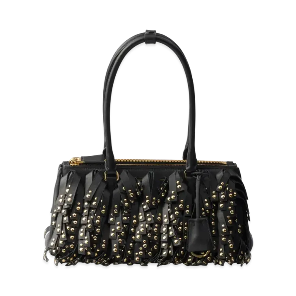 PRADA Galleria Medium Nappa Leather Bag with Fringe and Studs "Black"