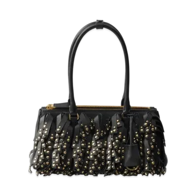 PRADA Galleria Medium Nappa Leather Bag with Fringe and Studs "Black"