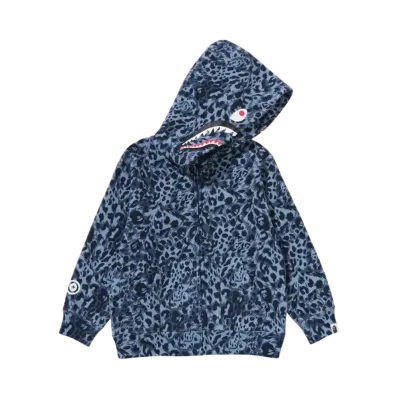 A BATHING APE Wild Leopard Pattern Shark Zip Hoodie "Navy"
