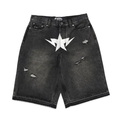 A BATHING APE Destroyed Sta Relaxed Fit 13OZ Demin Shorts "Black"