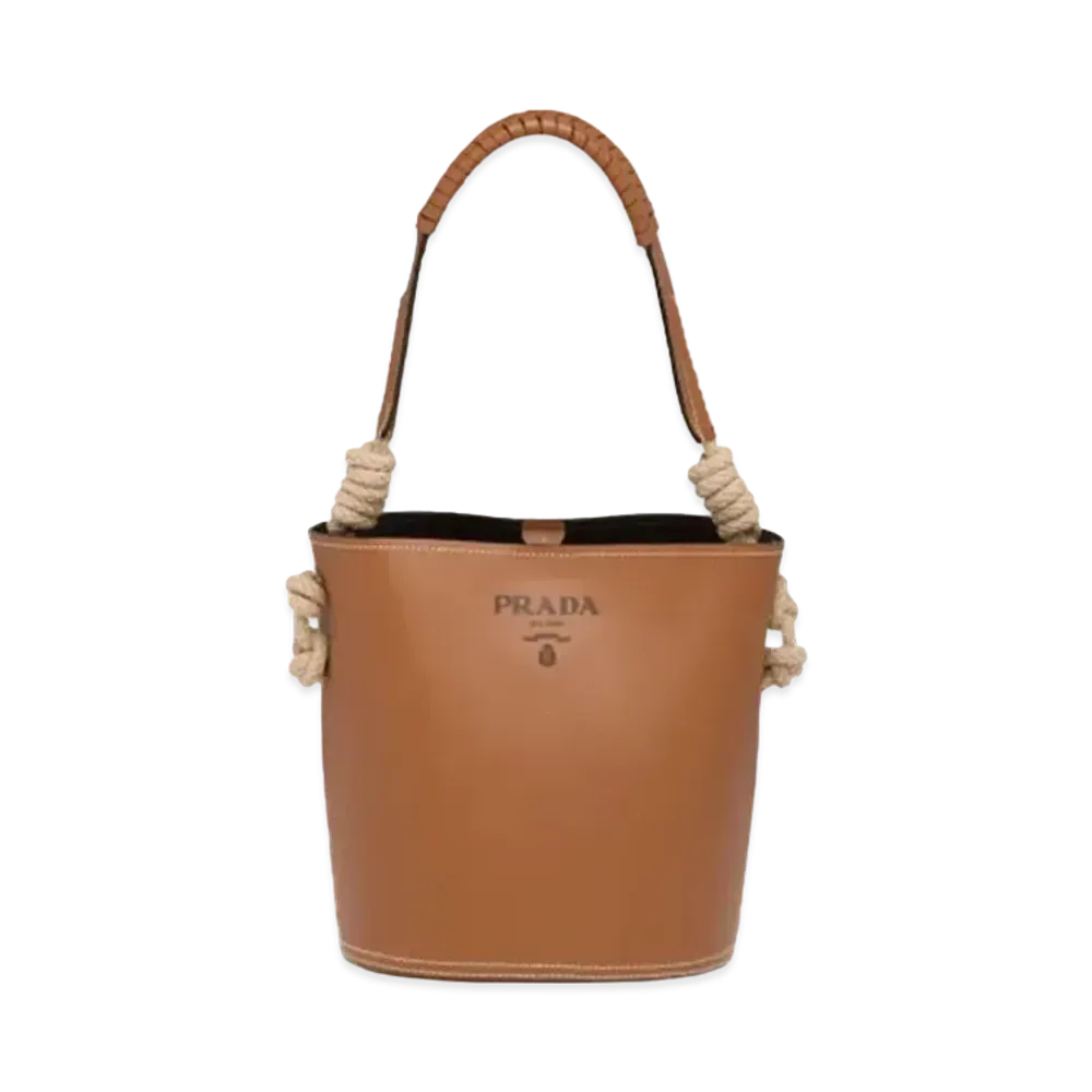 PRADA Tambour Leather Bucket Bag With Code Detail "Cognac/Black"