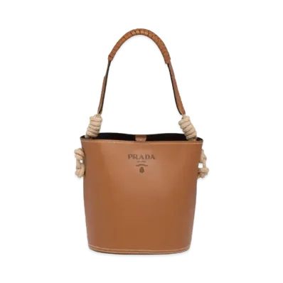 PRADA Tambour Leather Bucket Bag With Code Detail "Cognac/Black"