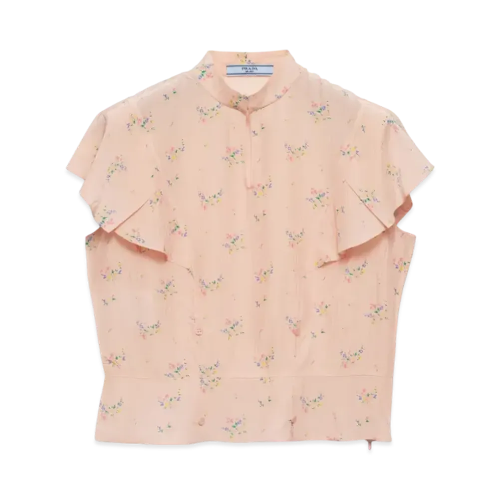 PRADA Women's Floral Print Ponge Top "Pale Pink"