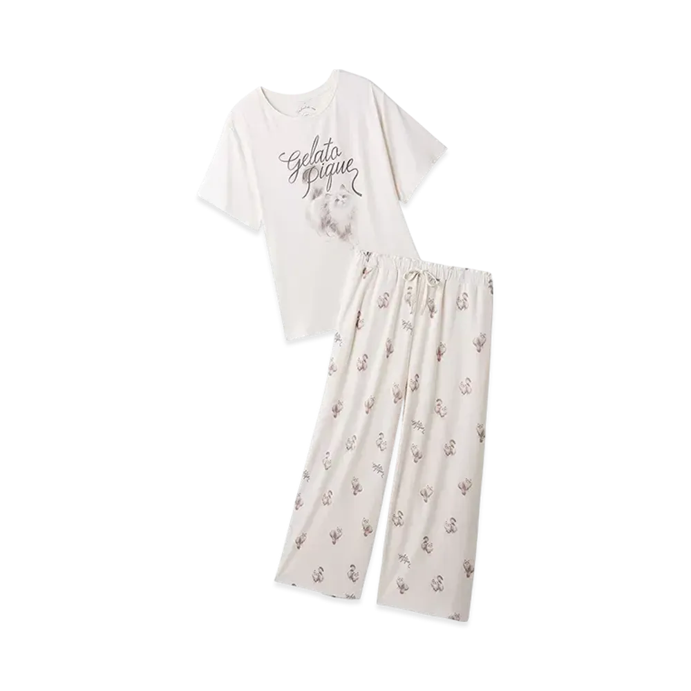 GELATO PIQUE Cat Pattern One-Point T-Shirt & Long Pants Set "Ivory"