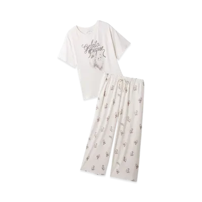GELATO PIQUE Cat Pattern One-Point T-Shirt & Long Pants Set "Ivory"