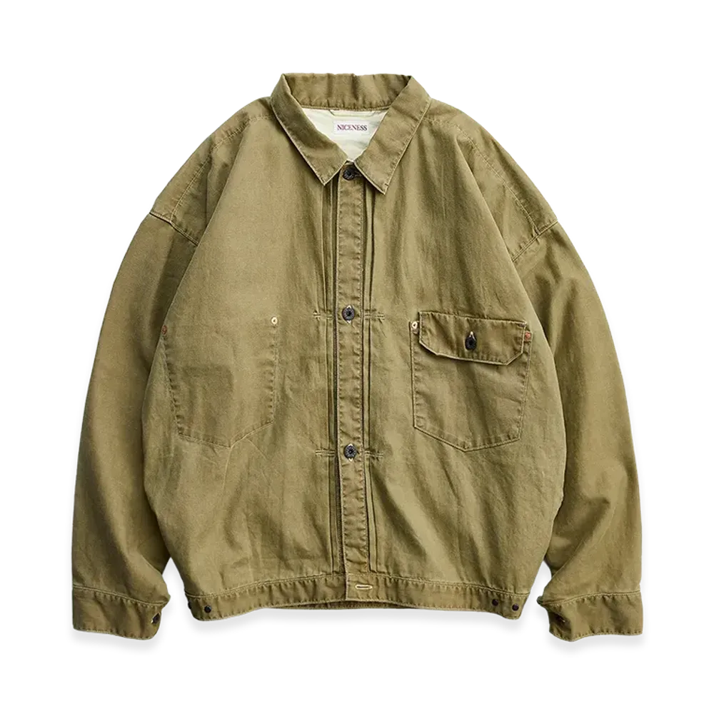 NICENESS H.Thornhill Vintage Treat Herringbone Trucker Jacket "Khaki"