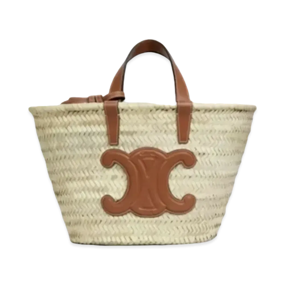 CELINE Teen Triomphe CELINE Classic Panier in Raffia and Calfskin "Tan"
