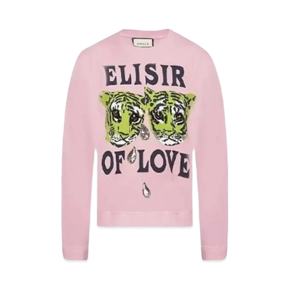 GUCCI Women's Cotton Tiger Print Pullover Long Sleeve Sweater "Pink"