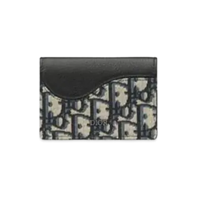 Dior Saddle Business Card Holder Grained Calfskin Marquetry with Dior Oblique Jacquard Japan Exclusive "Black/Beige"