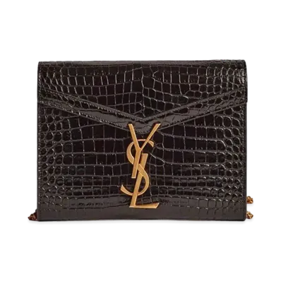 Saint Laurent Cassandra Chain Wallet In Crocodile-Embossed Shiny Leather "Black"