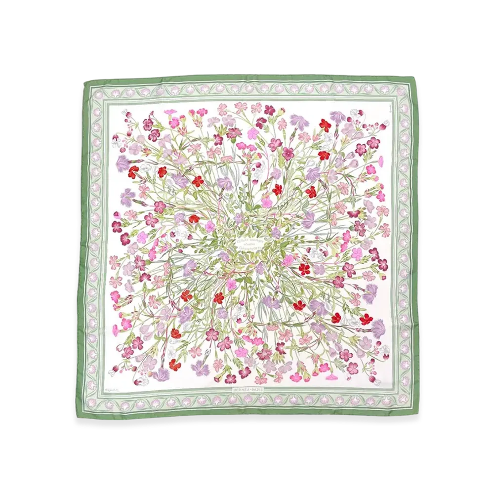 Hermes Scarf 90 OEillets Sauvages et Autres Caryophyllees "Green"