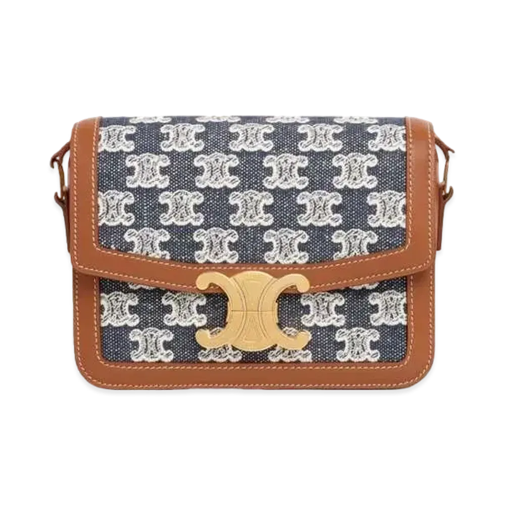 CELINE Teen Triomphe Bag in Textile with Triomphe Embroidery and Calfskin "Navy Blue"
