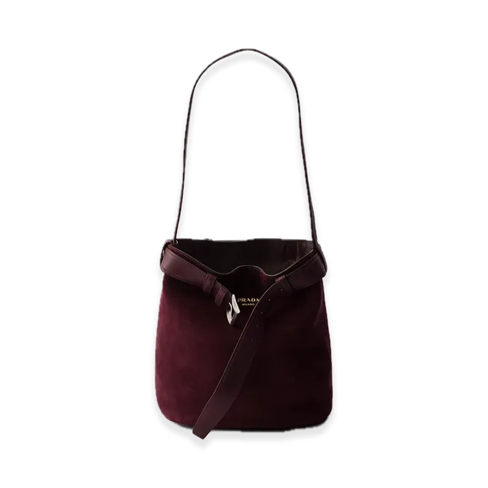 PRADA Buckle Suede Bucket Bag with Belt "Bordeaux"
