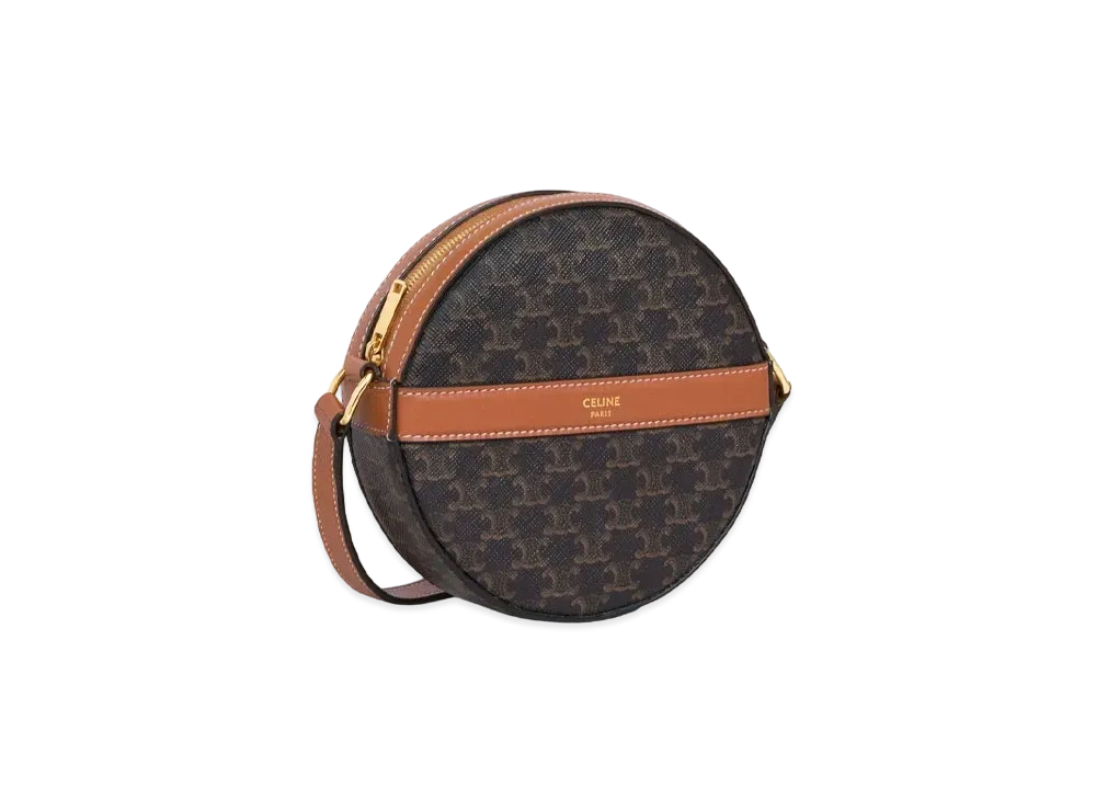 CELINE Round Purse On Strap In Triomphe Canvas And Lambskin "Black/Tan"