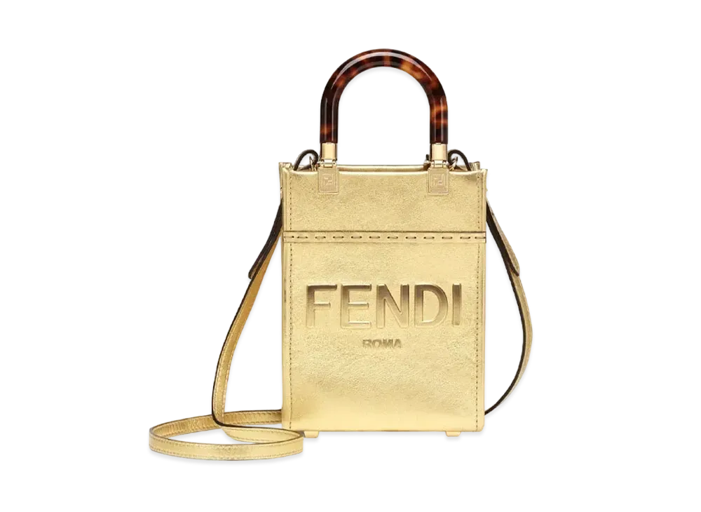 FENDI Sunshine Shopper Small Laminate Leather Shopper "Gold"