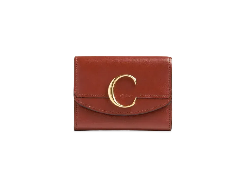 Chloe Chloe C Small Tri Fold Wallet In Shiny Calfskin "Sepia Brown"