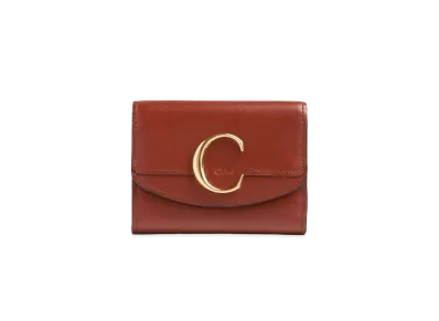 Chloe Chloe C Small Tri Fold Wallet In Shiny Calfskin "Sepia Brown"