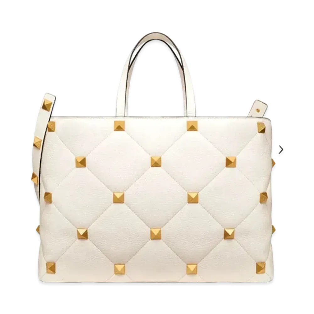 Valentino Roman Studs Grain Calfskin Large Tote "Light Ivory"
