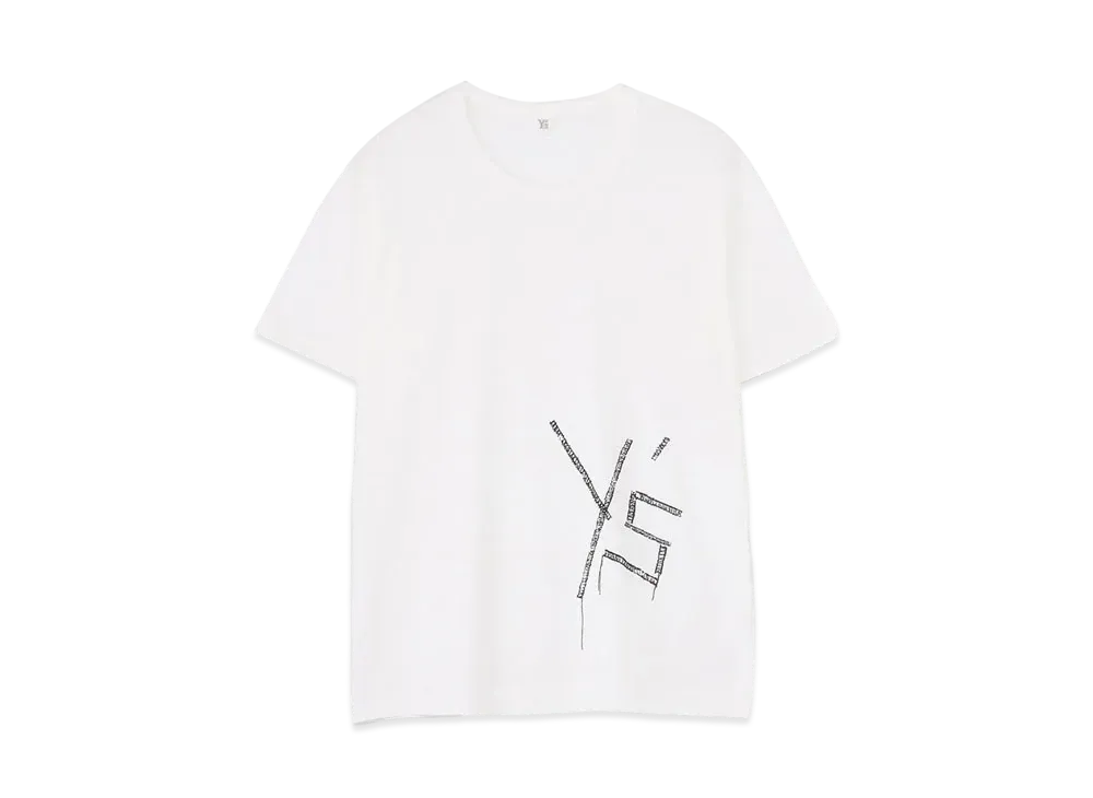 Yohji Yamamoto Y's EMBROIDERY FIRE PRINT ROUND NECK SHORT SLEEVE "White"