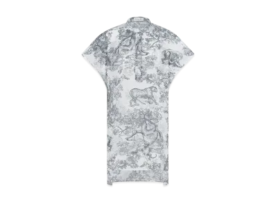 Dior Women's Dioriviera Cap Sleeve Long Blouse Toile de Jouy Sauvage Cotton Muslin "White/Navy Blue"