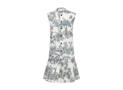 Dior Women's Dioriviera Straight Ruffled Dress Toile de Jouy Palms Cotton and Silk Poplin "White/Blue"