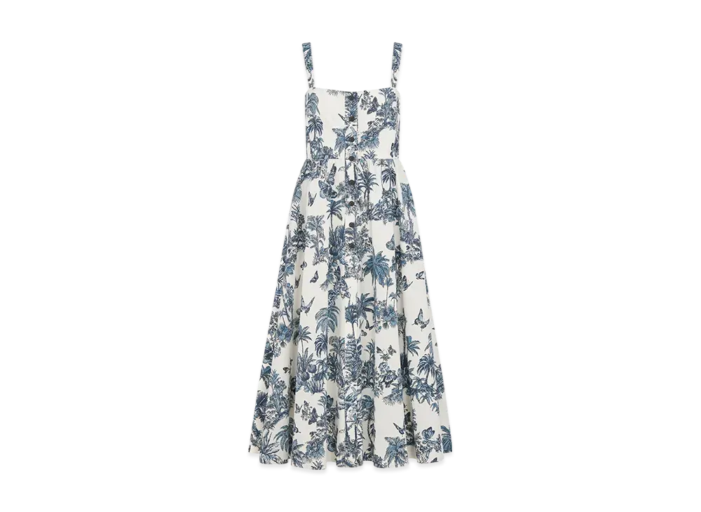 Dior Women's Dioriviera Mid-Length Flared Dress Toile de Jouy Palms Cotton and Silk Poplin "White/Blue"