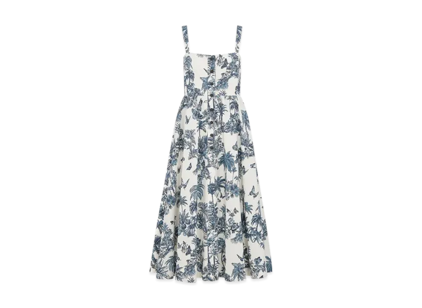 Dior Women's Dioriviera Mid-Length Flared Dress Toile de Jouy Palms Cotton and Silk Poplin "White/Blue" | SNKRDUNK Dior Women's Dioriviera Mid-Length Flared Dress Toile de Jouy Palms Cotton and Silk Poplin "White/Blue" | SNKRDUNK