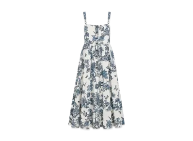 Dior Women's Dioriviera Mid-Length Flared Dress Toile de Jouy Palms Cotton and Silk Poplin "White/Blue"