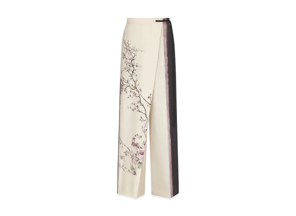 Dior Women's Wrap Pants Silk Twill with Dior Pivoine Motif "White/Multicolor"