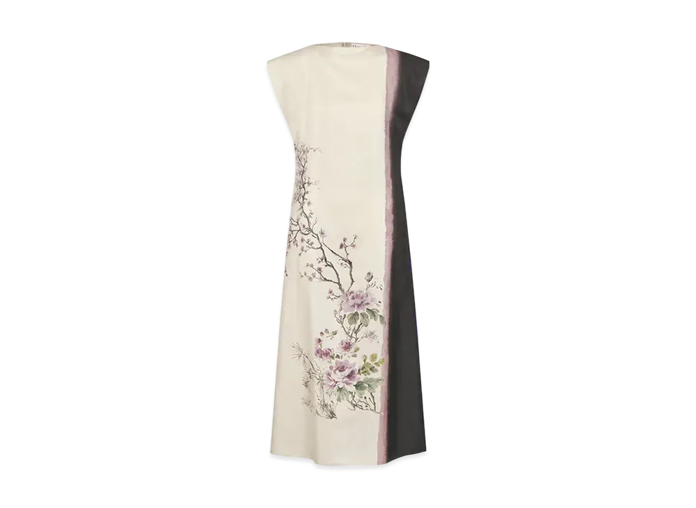 Dior Women's Mid-Length Flared Dress Silk Twill with Dior Pivoine Motif "Multicolor/White"
