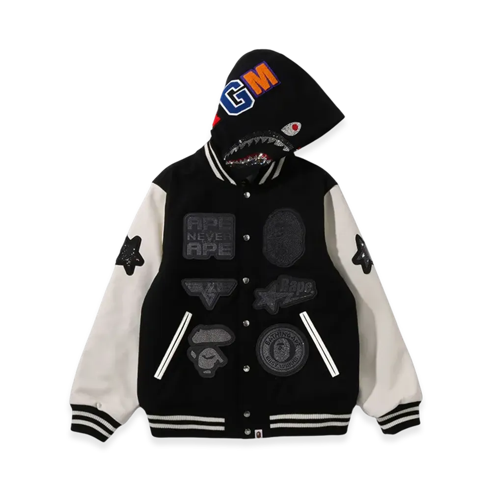 A BATHING APE x Swarovski Detachable Hoodie Varsity Jacket "Black"