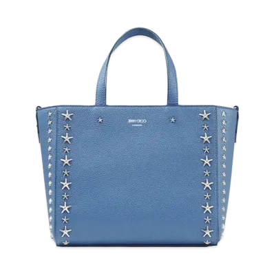 Jimmy Choo Pegasi/S Tote Soft Grainy Calf Leather Small Tote Bag With Star Studs "Silver/Butterfly Blue"