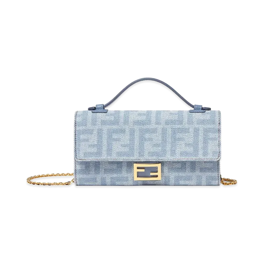 FENDI Women's Continental With Chain Baguette Denim Wallet FF "Light Blue"