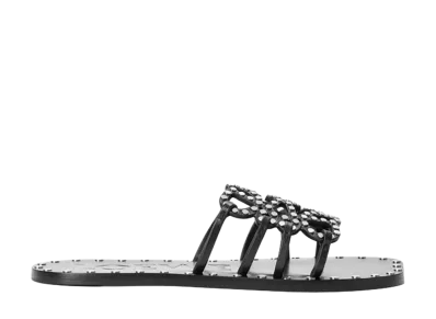 LOEWE Women's Petal Anagram Slide in Vegetable Tanned Calfskin and Metallic Studs "Black"
