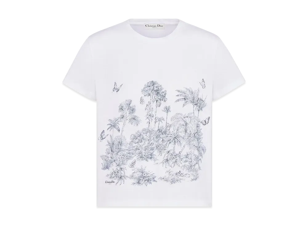 Dior Women's Dioriviera T-Shirt Toile de Jouy Palms Cotton and Linen Jersey "White/Blue"