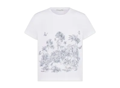 Dior Women's Dioriviera T-Shirt Toile de Jouy Palms Cotton and Linen Jersey "White/Blue"